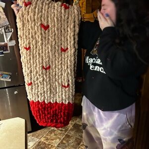 Handmade Red and Beige Knit Blanket